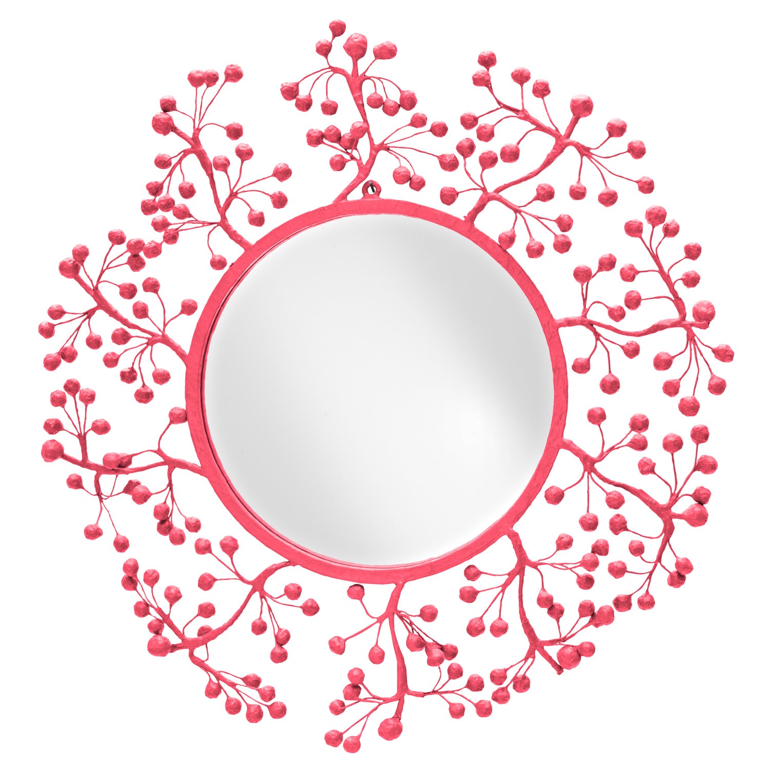 Sue Wright Mirror in bright pink papier mache round berry design.