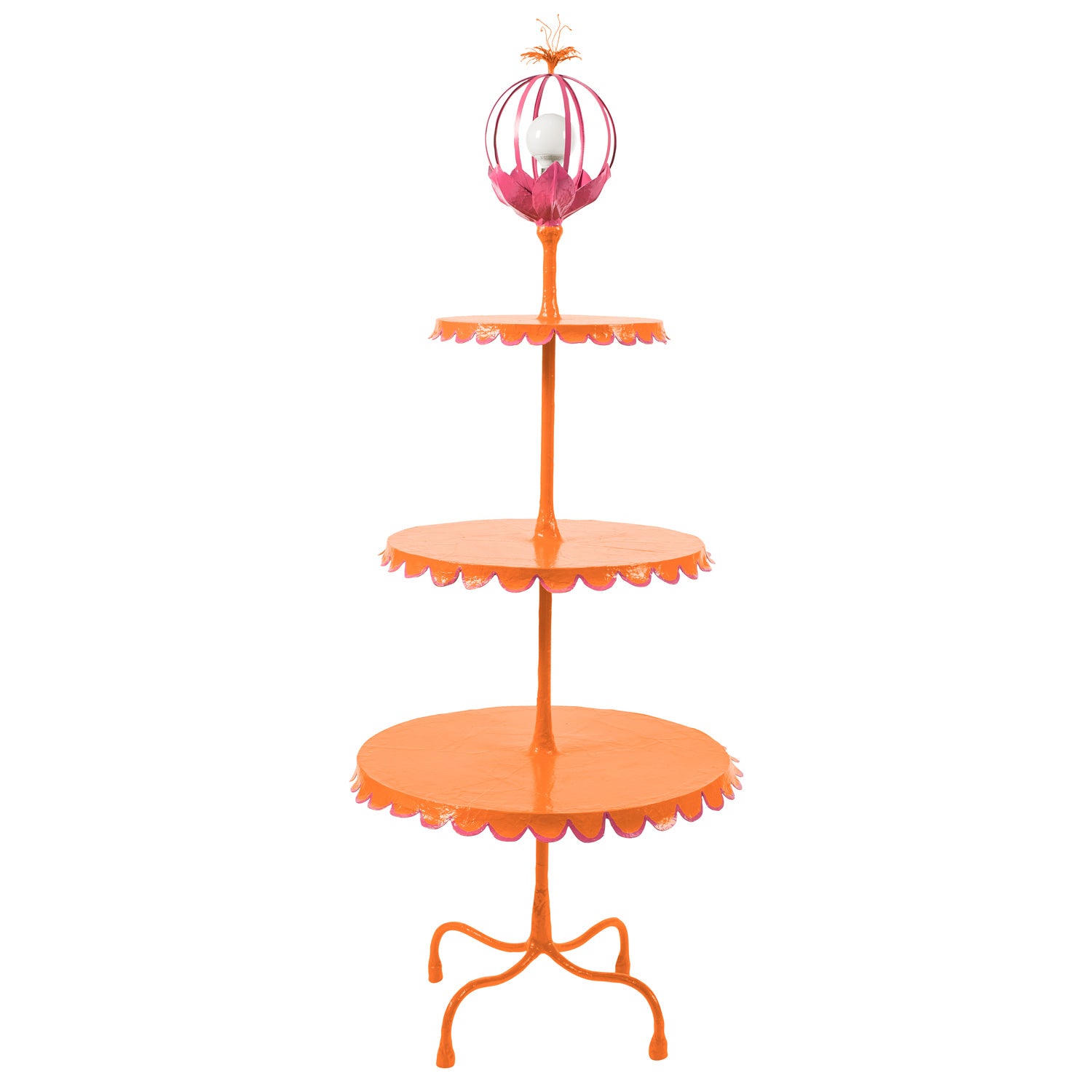 3 tiered floor lamp in orange and pink with scallop edged tables