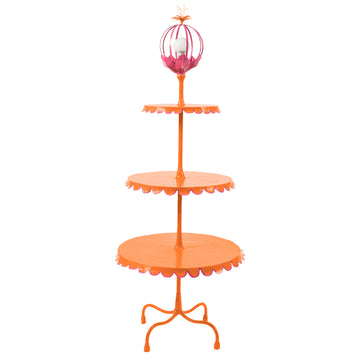 3 tiered floor lamp in orange and pink with scallop edged tables