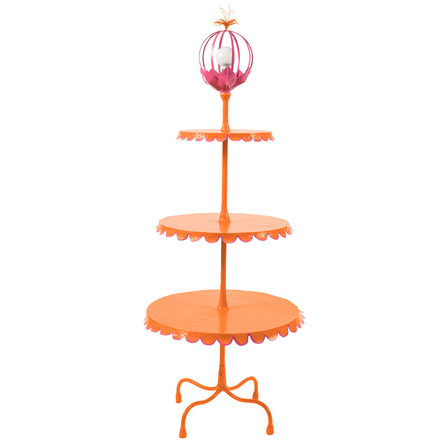 3 tiered floor lamp in orange and pink with scallop edged tables