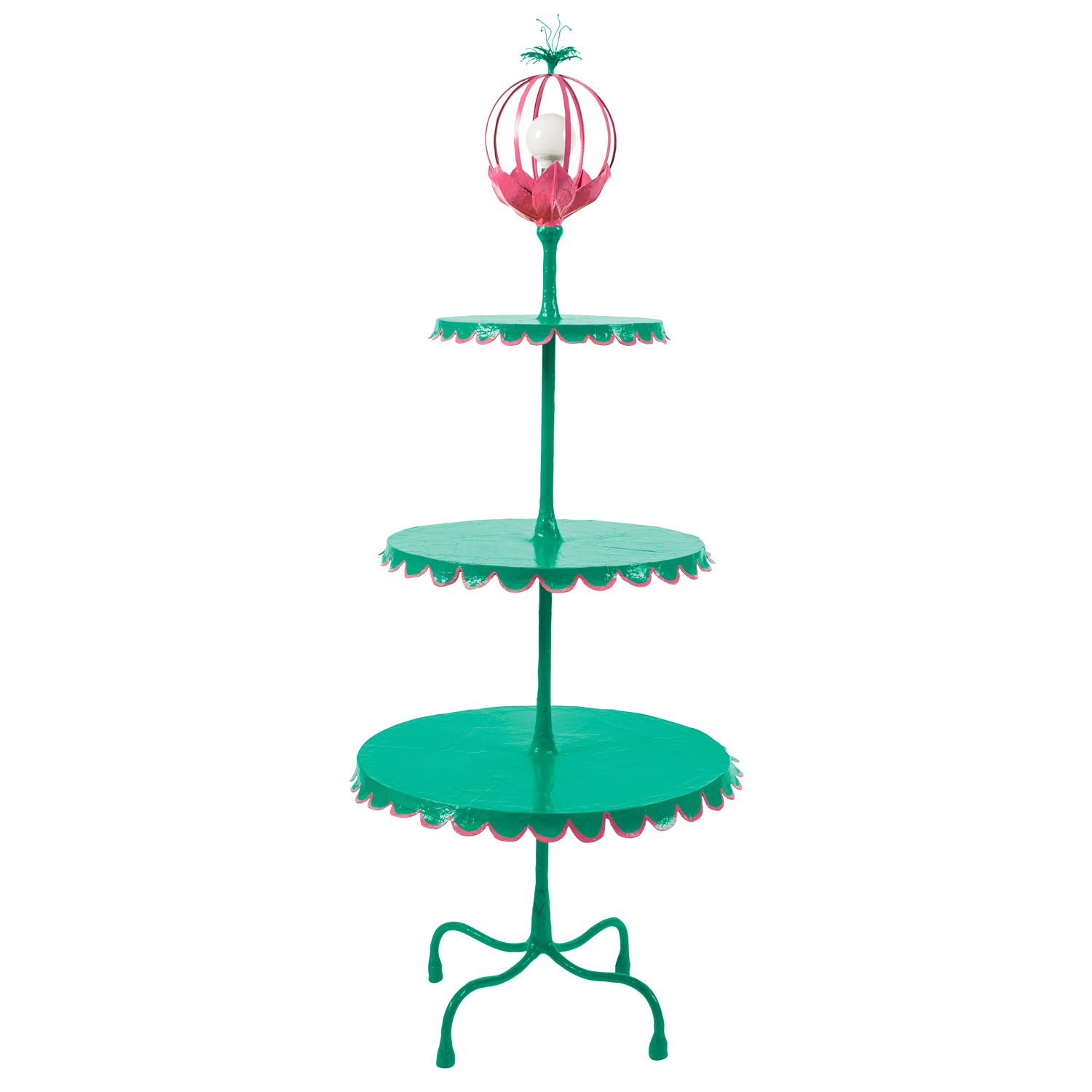 aqua 3 tiered floor light with pink trim and festive flower