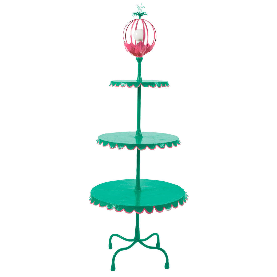 aqua 3 tiered floor light with pink trim and festive flower