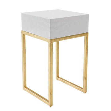 white side table with chunky top and gold iron legs
